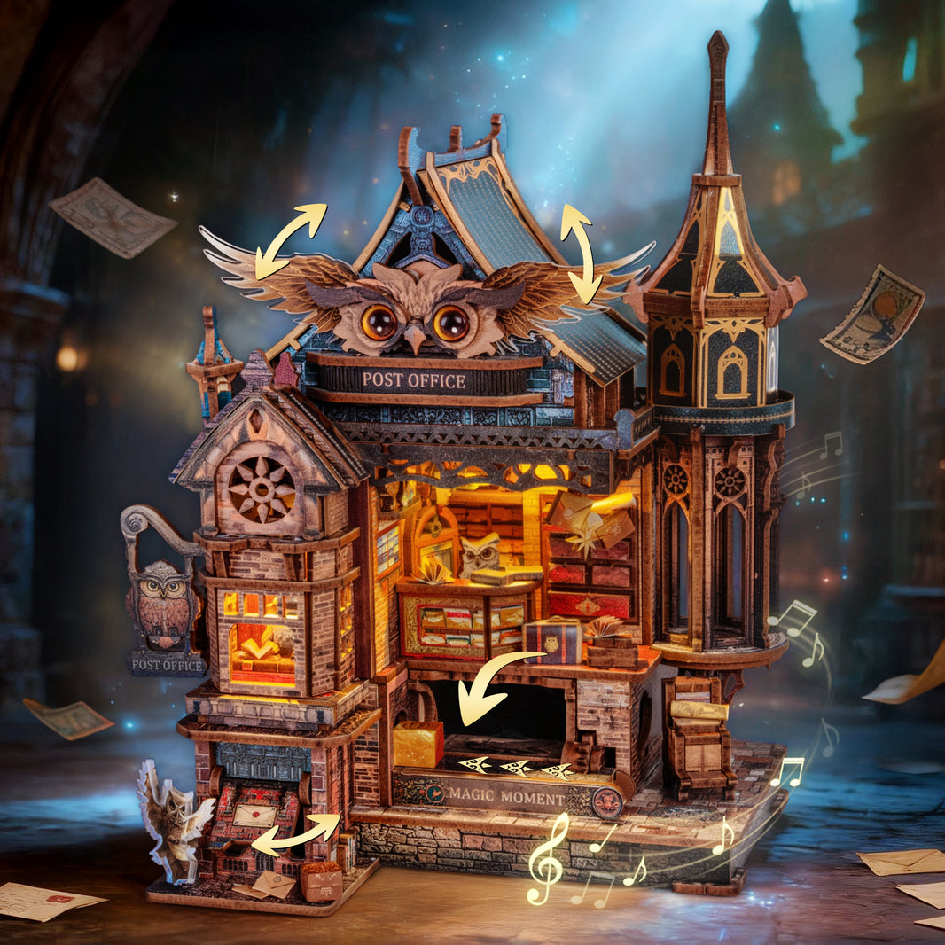 Owl Post Office Model | FUNPOLA LED 3D Wood Puzzle Owl Post Office, Dynamic Model with Mechanical Gears, DIY Miniature Kit with Music and LED Lights, Home Décor Gift for Adults and Teens