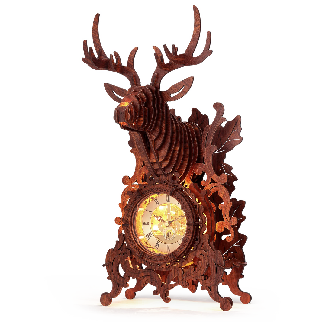 Deer Clock | FUNPOLA LED 3D Wood Puzzle Deer Clock, 3D Wooden Puzzle Elk Clock Building Model, Home Décor 3D Wooden Puzzle for Adults/Teens Christmas Gift(Wood, Yellow Light)