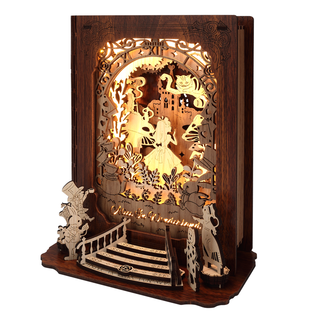 Alice in Wonderland Storybook Lamp | FUNPOLA Alice in Wonderland 3D Puzzle Nightlight – DIY 3D LED Book Lamp – 3D Wood Puzzles Décor Lamp for Adults