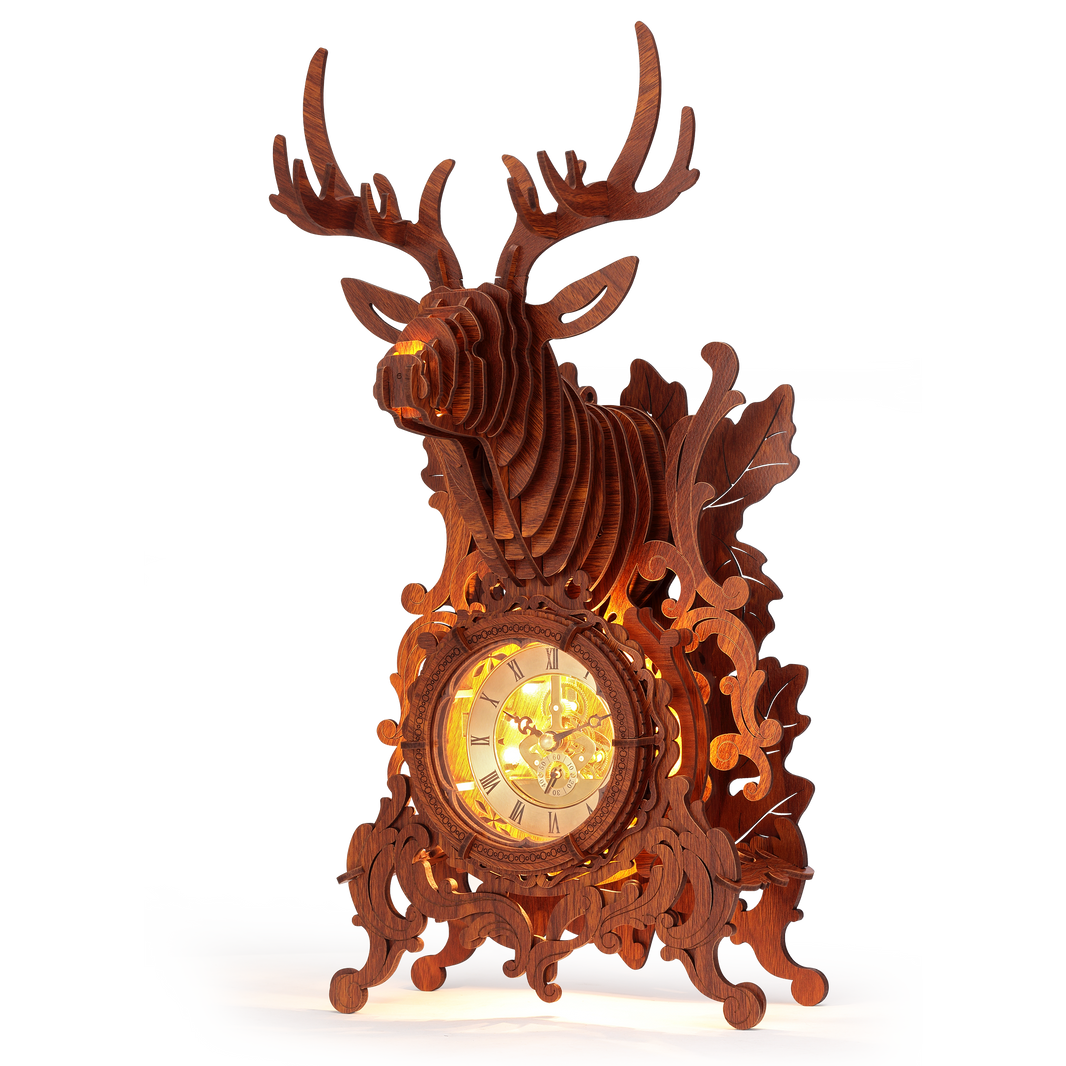 Deer Clock | FUNPOLA LED 3D Wood Puzzle Deer Clock, 3D Wooden Puzzle Elk Clock Building Model, Home Décor 3D Wooden Puzzle for Adults/Teens Christmas Gift(Wood, Yellow Light)