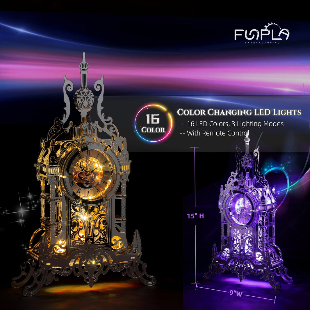 Acrylic Tower Clock | FUNPOLA LED 3D Puzzle Tower Clock for Adults - Elegant Home Décor Building Model with Color-Changing LEDs - Ideal Acrylic Puzzle Gifts for Adults