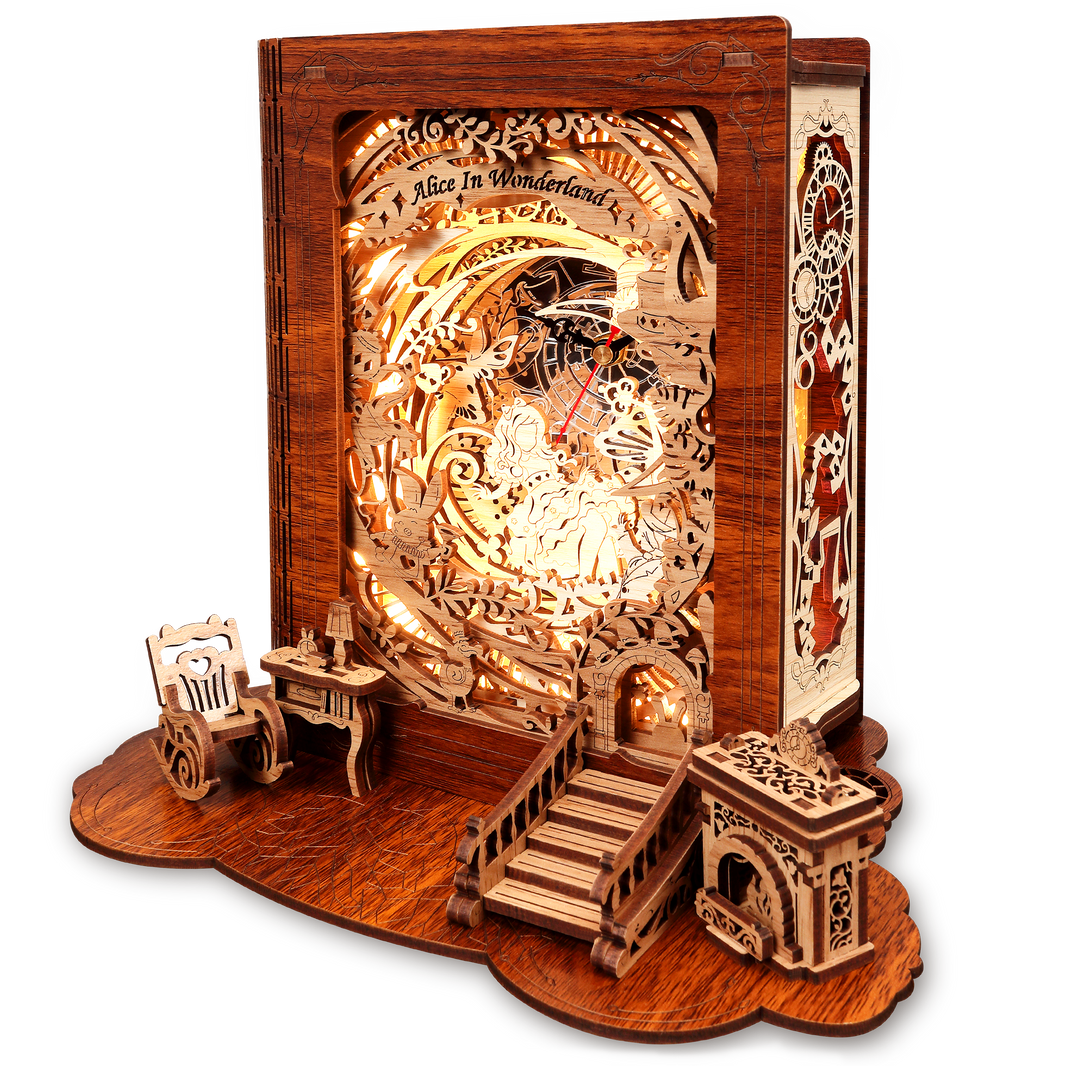 Alice in Wonderland Storybook lamp | FUNPOLA Alice in Wonderland LED 3D Puzzle Nightlight - DIY Book Lamp with Clock - 3D Wood Puzzles Nightlight Home Décor for Adults