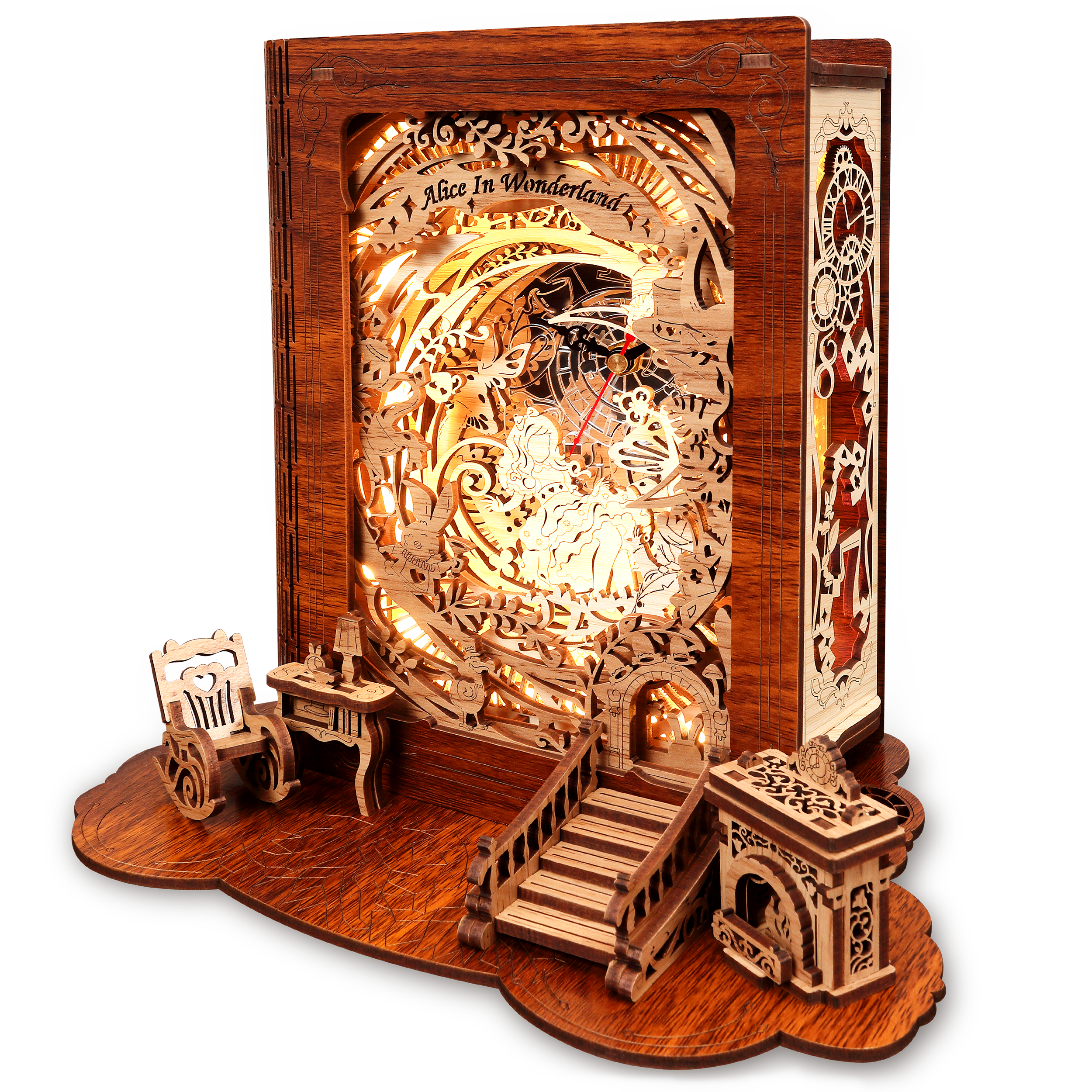 FUNPOLA 3D Wooden Puzzle Alice in Wonderland Book Lamp with Clock