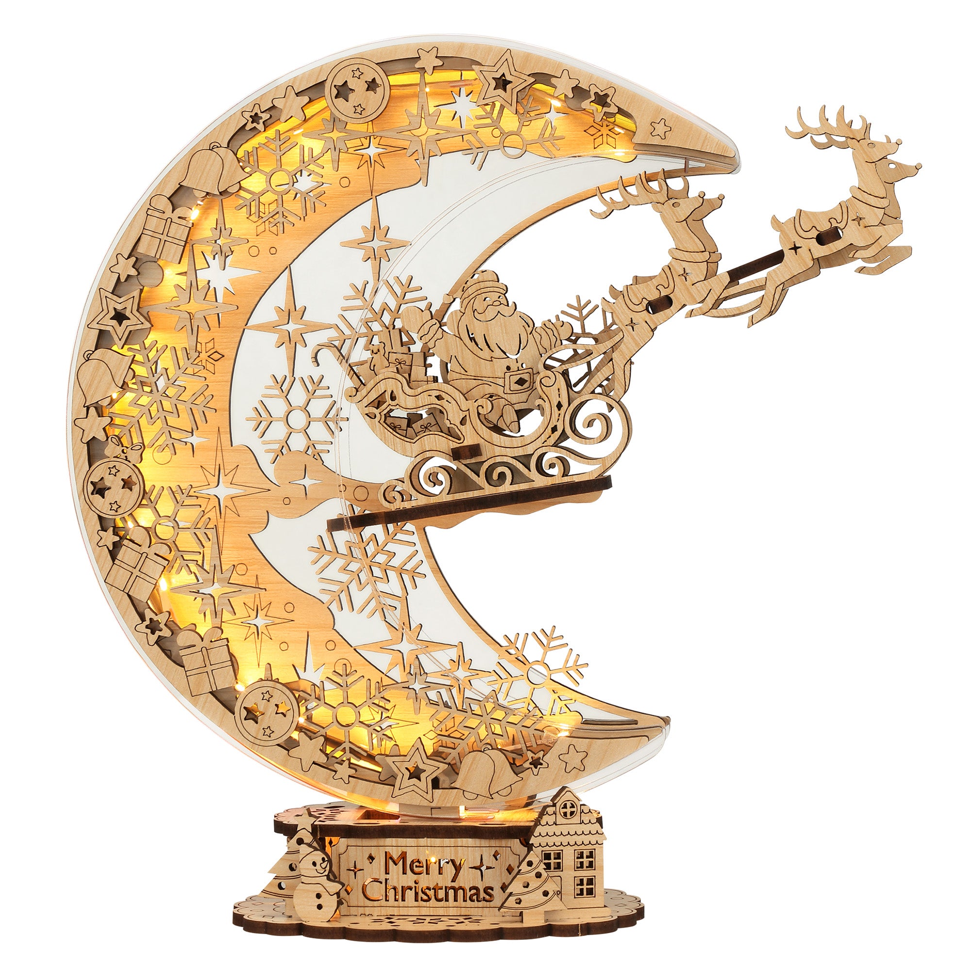 FUNPOLA 3D Wooden Puzzle Christmas Night Flight Moon Lamp - White